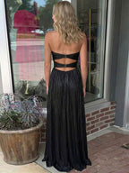 Black Strapless Pleated Prom Dress With Cutouts Slit