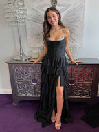 Black Strapless Tiered Ruffle Corset Prom Dress With Vamp