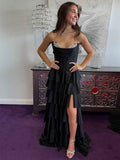 Black Strapless Tiered Ruffle Corset Prom Dress With Vamp