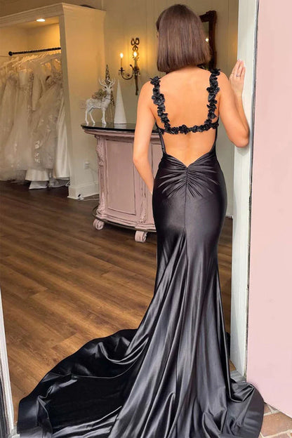 Satin Floral Mermaid Black Long Prom Dress Formal Dress