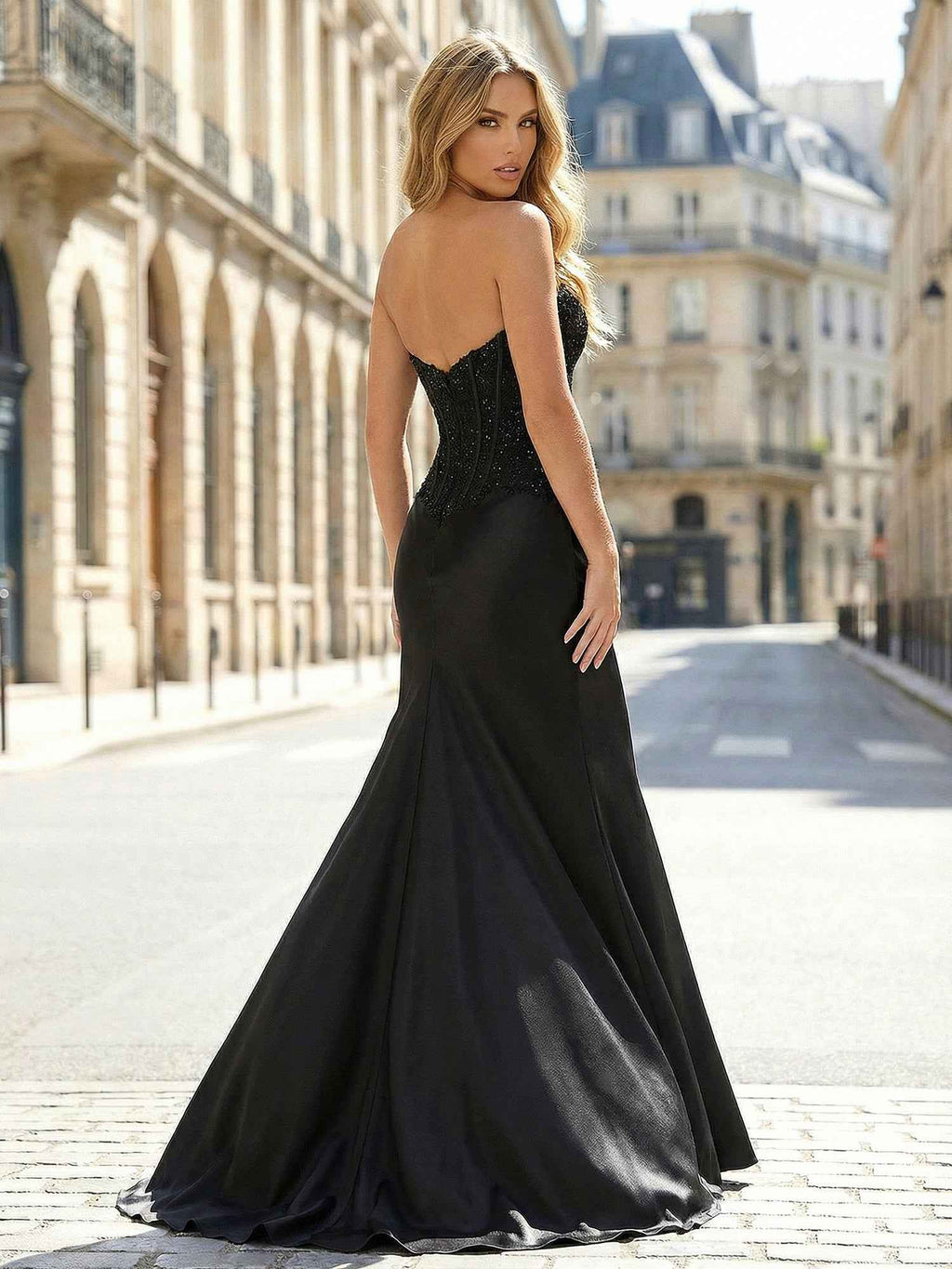 Black Sweetheart Beaded Corset Prom Dress With Satin Skirt