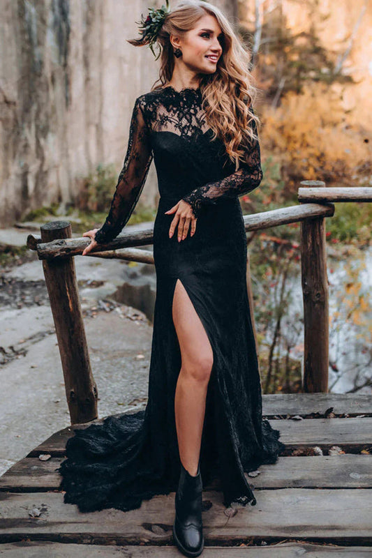 Black Sweetheart Long Sleeves Lace Backless Wedding Dresses