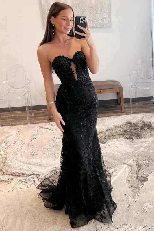 Vestido de fiesta largo con escote corazón, abertura en la espalda y apliques de encaje de sirena de tul