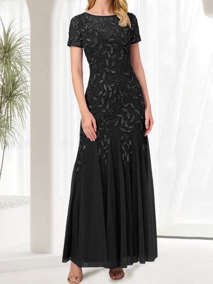 Vestido largo de sirena azul con cuello redondo para madre de la novia con cuentas