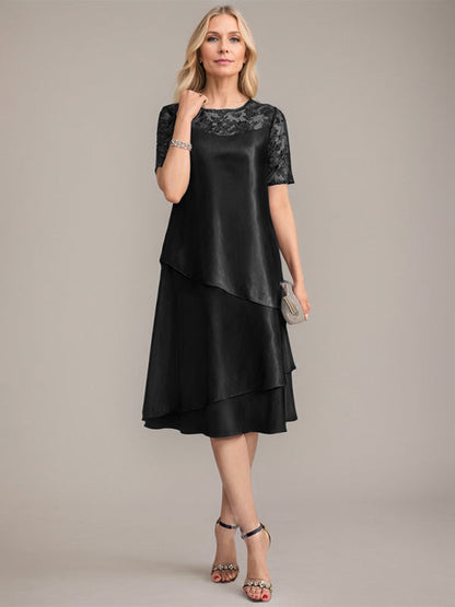 A-Linie, U-Ausschnitt, knielanges Kleid für die Brautmutter mit Applikationen und Pailletten 