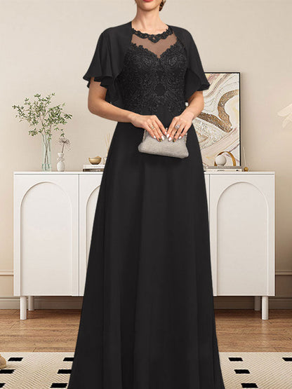 A-Linie, U-Ausschnitt, Illusion, bodenlanges Spitzen-Chiffon-Kleid für die Brautmutter mit Pailletten
