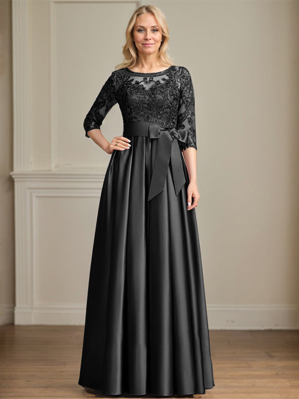 A-Linie, U-Ausschnitt, Illusion, bodenlanges Satin-Spitzenkleid für die Brautmutter mit Paillettenschleife 