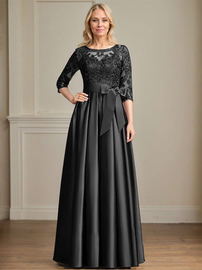 A-Linie, U-Ausschnitt, Illusion, bodenlanges Satin-Spitzenkleid für die Brautmutter mit Paillettenschleife 