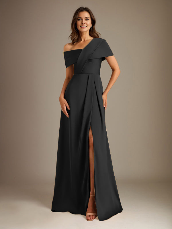 Robe de mère de la mariée en satin, longueur au sol, encolure asymétrique en ligne A avec plis