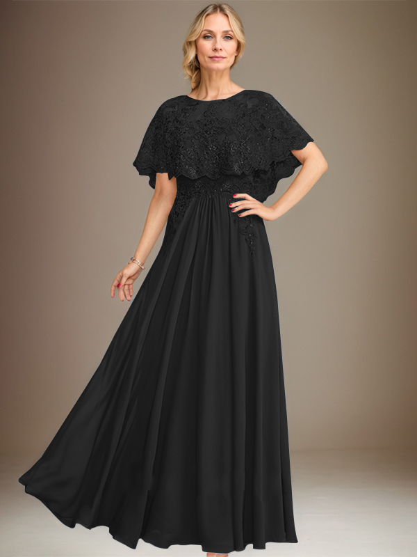 Robe de mère de la mariée en mousseline de soie à dentelle, longueur au sol, en ligne A, col bateau, ornée d'appliques à paillettes