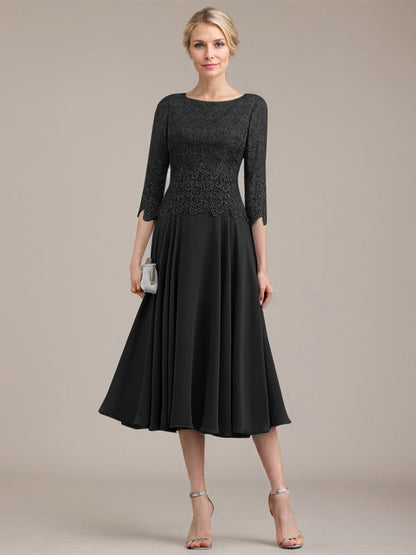 A-Linie U-Ausschnitt Wadenlang Chiffon-Kleid für die Brautmutter 
