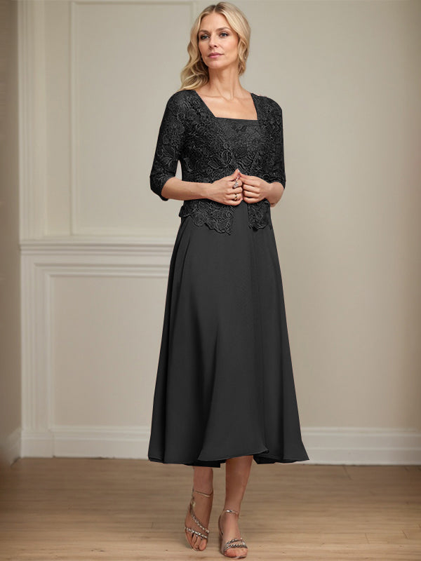 A-Linie Quadratisches Wadenlanges Chiffon-Spitzenkleid für die Brautmutter mit Pailletten und Perlen 
