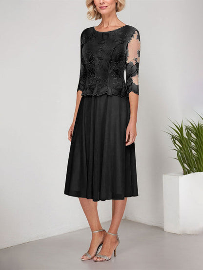 A-Linie U-Ausschnitt Wadenlang Spitzen Chiffon Mutter der Braut Kleid mit Stickerei 