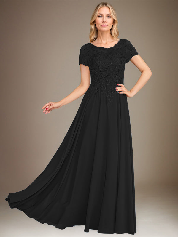 Robe de mère de la mariée en mousseline, longueur au sol, coupe en A, décolleté arrondi, ornée d'appliques et de paillettes