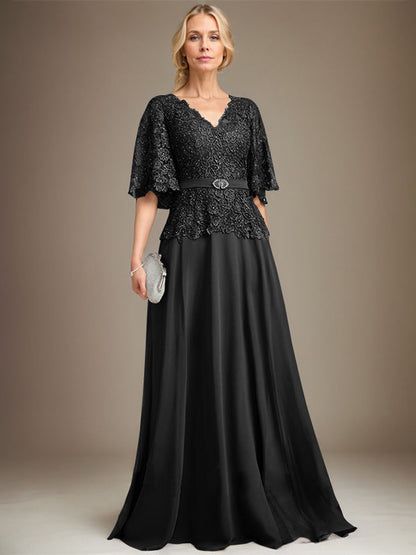 A-Linie V-Ausschnitt Bodenlang Chiffon Spitze Mutter der Braut Kleid Mit Kristall Brosche Strass 