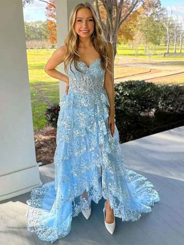 Blue A-Line Strapless V-Neck Applique Tiered Prom Dress With Slit
