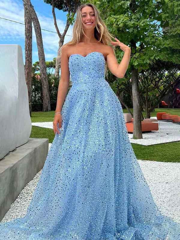 Sparkly Blue Strapless Sweetheart Sequin Ball Gown