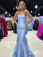 Light Blue Mermaid Satin Strapless Long Evening Dress With Ruffle Train