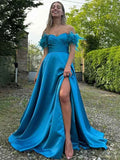 Turquoise A-Line Off Shoulder Sweetheart Satin Prom Dress With Feather Sleeves