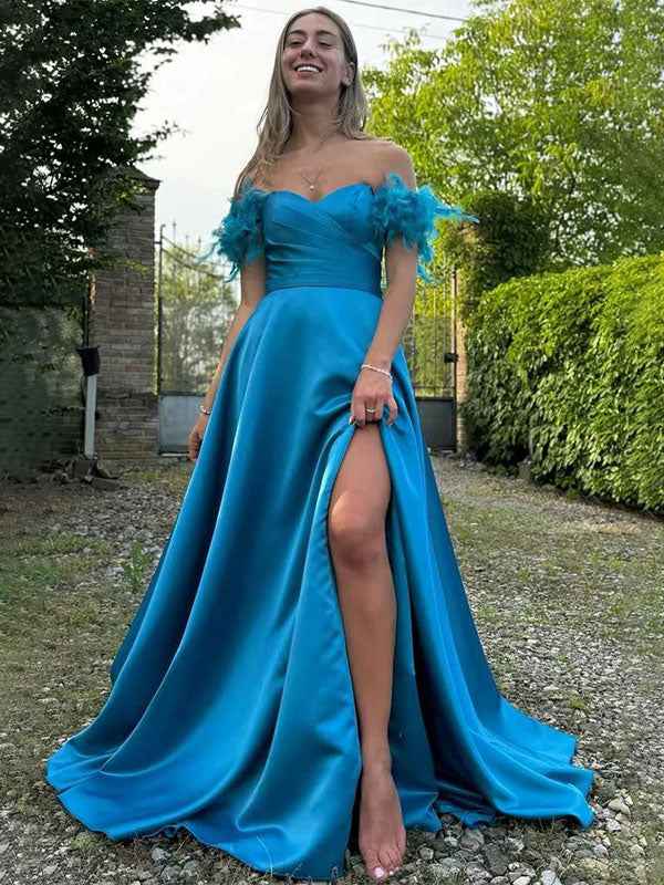 Turquoise A-Line Off Shoulder Sweetheart Satin Prom Dress With Feather Sleeves