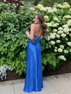 Blue A Line V Neck Beaded Back Tie Long Prom Dress