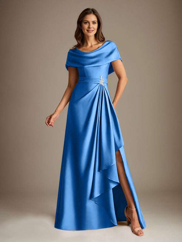 Robe de mère de la mariée en satin extensible, longueur au sol, coupe en A avec encolure dégagée et volants en cascade