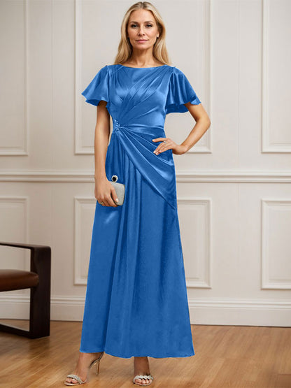 Vestido de madre de la novia de satén elástico con escote redondo y largo hasta los tobillos, con plisado y cuentas 