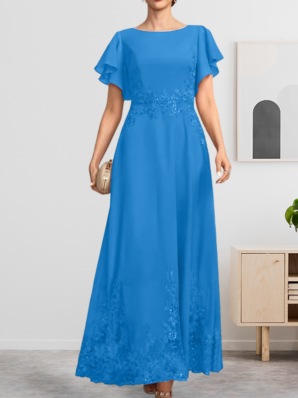 Robe de mère de la mariée en mousseline de soie à dentelle, longueur cheville, en forme trapèze avec décolleté arrondi et paillettes