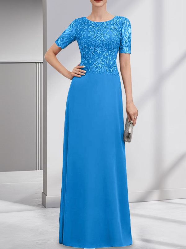 Robe de mère de la mariée en dentelle et mousseline, longueur au sol, en ligne A, décolleté en U, ornée de paillettes