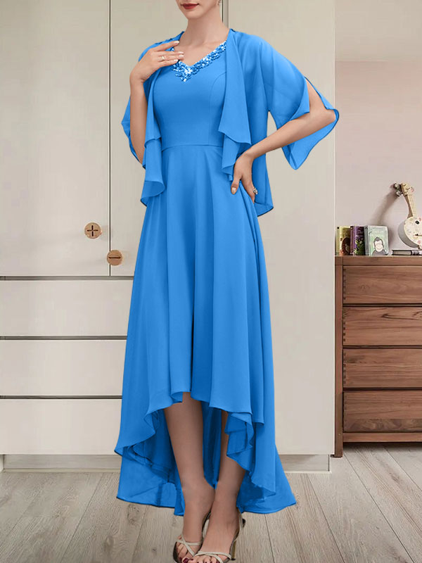 Vestido de gasa asimétrico para madre de la novia con escote en V, corte A y lentejuelas con abalorios