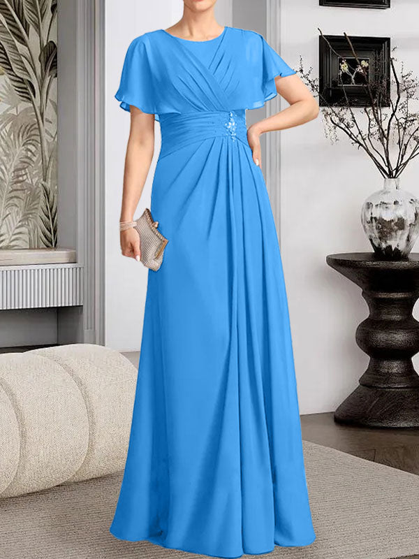 Robe de mère de la mariée en mousseline, longueur au sol, en ligne A, décolleté arrondi, ornée de perles plissées