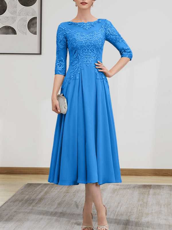 A-Linie, U-Ausschnitt, Illusion, knielang, Chiffon, Spitze, Kleid für die Brautmutter mit Perlen und Pailletten