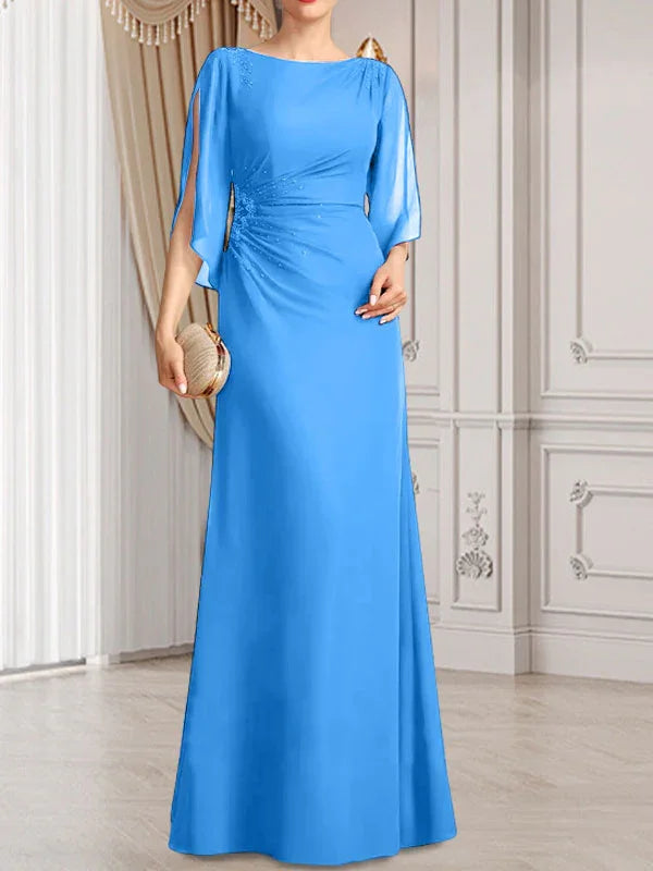 Vestido de madrina de novia de gasa largo hasta el suelo con corte columna y fajín plisado con cuentas