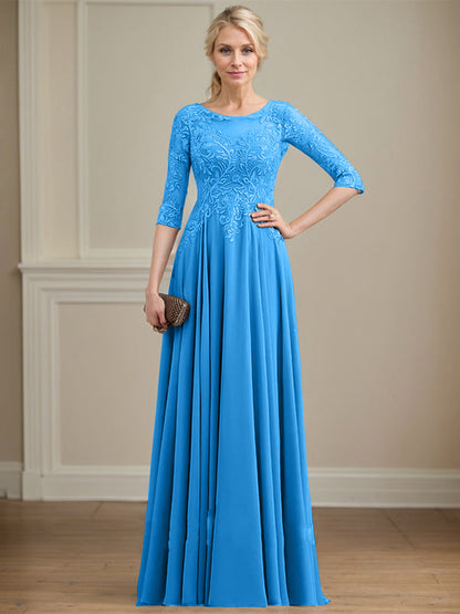 A-Linie, U-Ausschnitt, Illusion, bodenlanges Spitzen-Chiffon-Kleid für die Brautmutter mit Pailletten 