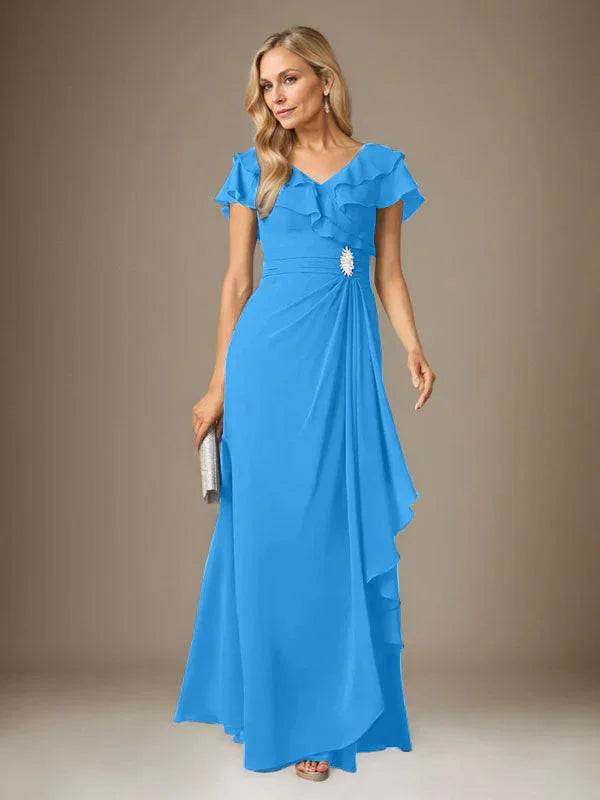 Vestido tormentoso de gasa con escote en V y fruncido en línea A