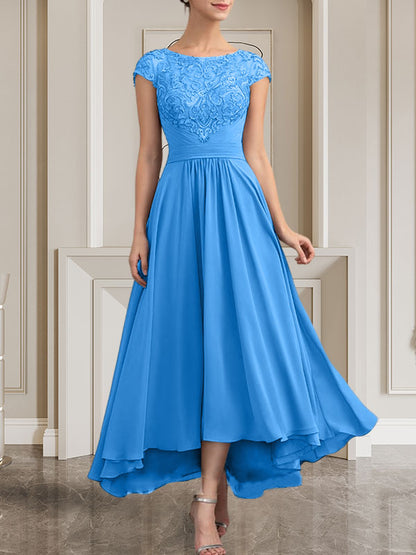 A-Linie U-Ausschnitt Bodenlang Spitzen-Chiffon-Kleid für die Brautmutter mit Pailletten