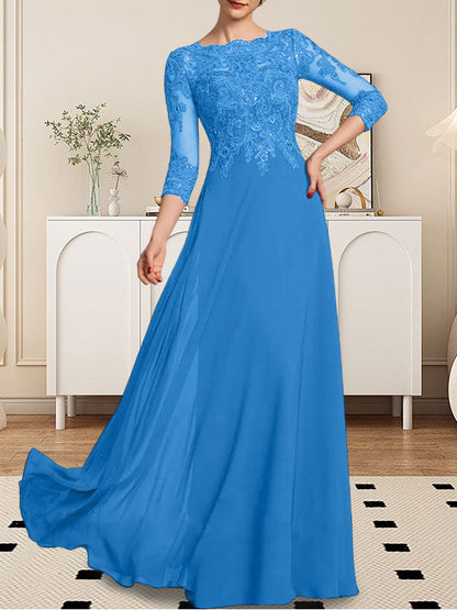 A-Linie U-Ausschnitt Bodenlang Spitzen-Chiffon-Kleid für die Brautmutter mit Pailletten