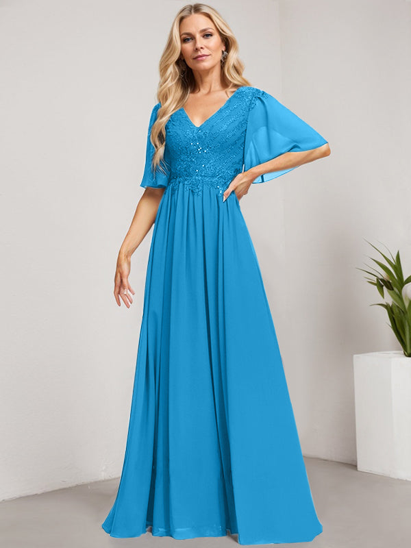 A-Linie V-Ausschnitt Bodenlanges Spitzen-Chiffon-Kleid für die Brautmutter mit Pailletten 