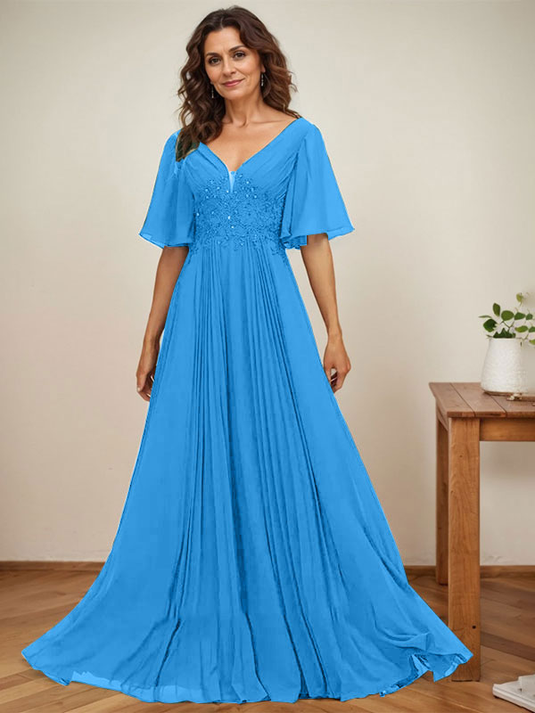 A-Linie V-Ausschnitt Bodenlang Chiffon Mutter der Braut Kleid Mit Pailletten Applikationen Spitze Plissee 