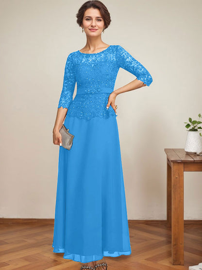A-Linie, U-Ausschnitt, Illusion, knöchellang, Chiffon, Spitze, Kleid für die Brautmutter mit Strass-Perlen 
