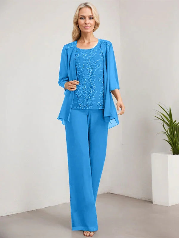 Mono/Pantalón Separado con Escote Redondo, Largo hasta el Suelo, de Encaje y Gasa, Vestido de Madre de la Novia con Lentejuelas