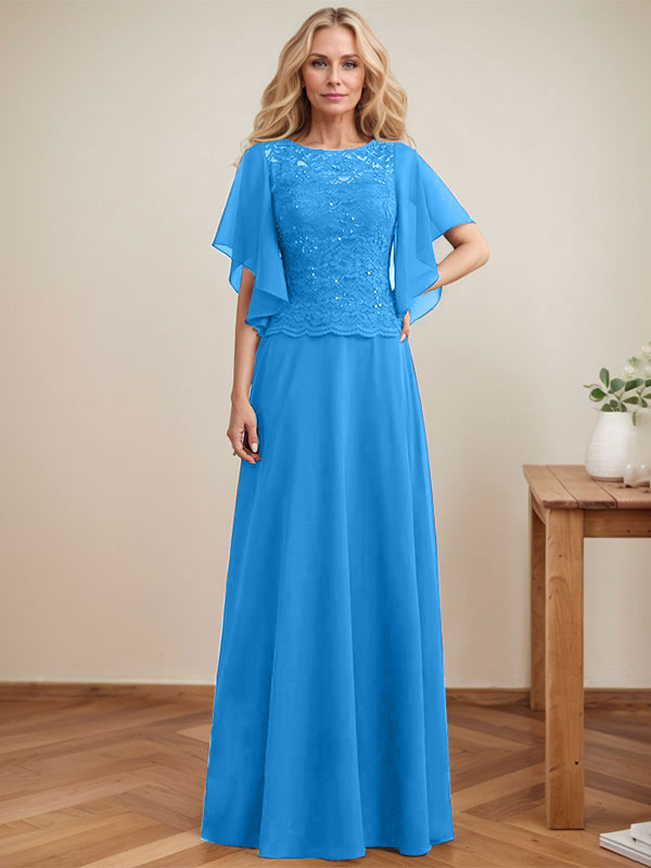 A-Linie, U-Ausschnitt, Illusion, bodenlanges Spitzen-Chiffon-Kleid für die Brautmutter mit Pailletten 