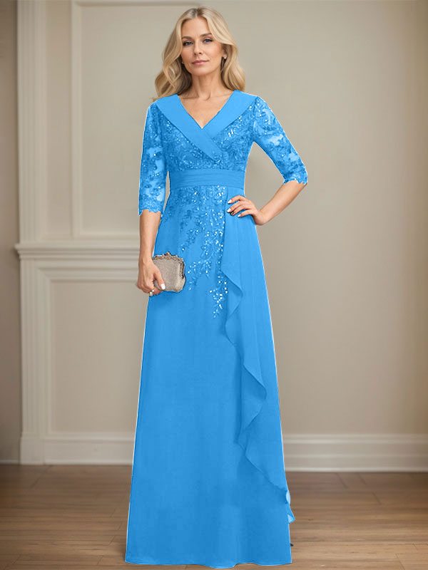 Robe de mère de la mariée en mousseline de soie à col en V, longueur au sol, ligne A, avec dentelle, paillettes et volants en cascade