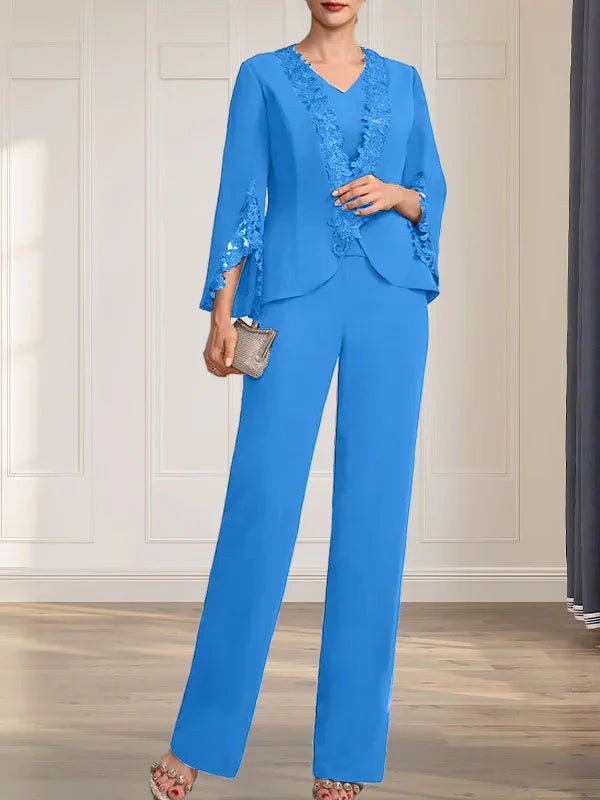 جمبسوت/بدلة بنطلون منفصلة برقبة على شكل حرف V وطول الأرض من الشيفون فستان أم العروس