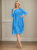 Abito da madre della sposa in pizzo e chiffon con gonna a colonna a effetto illusion fino al ginocchio, con balze a cascata e paillettes