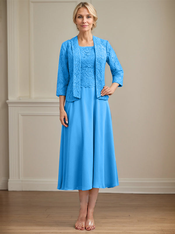 A-Linie U-Ausschnitt Wadenlang Chiffon-Kleid für die Brautmutter 