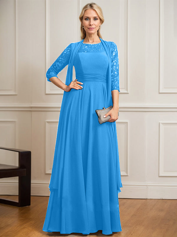 A-Linie U-Ausschnitt Illusion Bodenlang Spitze Chiffon Mutter der Braut Kleid Mit Plissee 