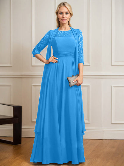 A-Linie U-Ausschnitt Illusion Bodenlang Spitze Chiffon Mutter der Braut Kleid Mit Plissee 