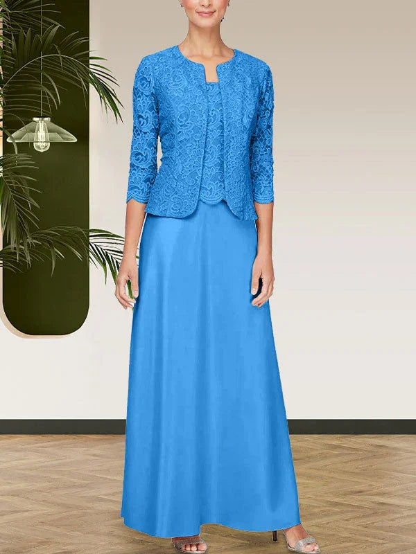 فستان مع جاكيت تنورة من الدانتيل اللامع والساتان مع جاكيت مفتوح