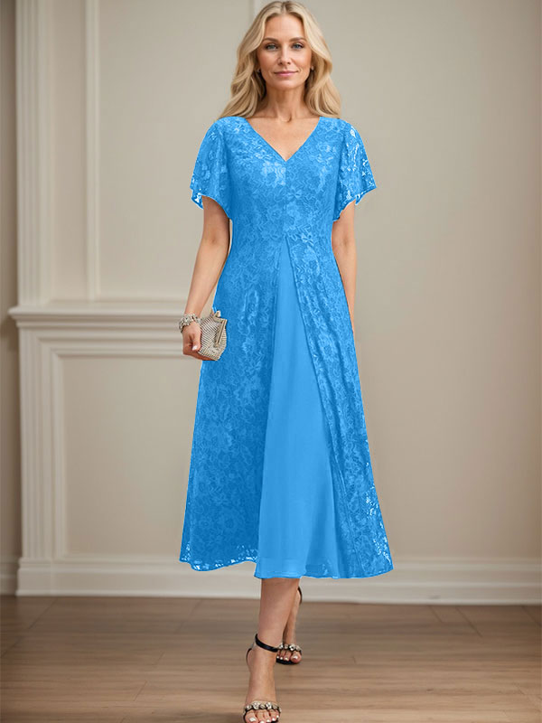 A-Linie V-Ausschnitt Wadenlanges Chiffon-Kleid für die Brautmutter 